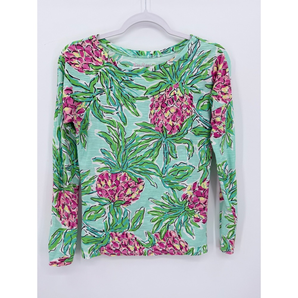 Lilly Pulitzer Long Sleeve Popover Top Women Small Blue Pink Pineapple Cotton